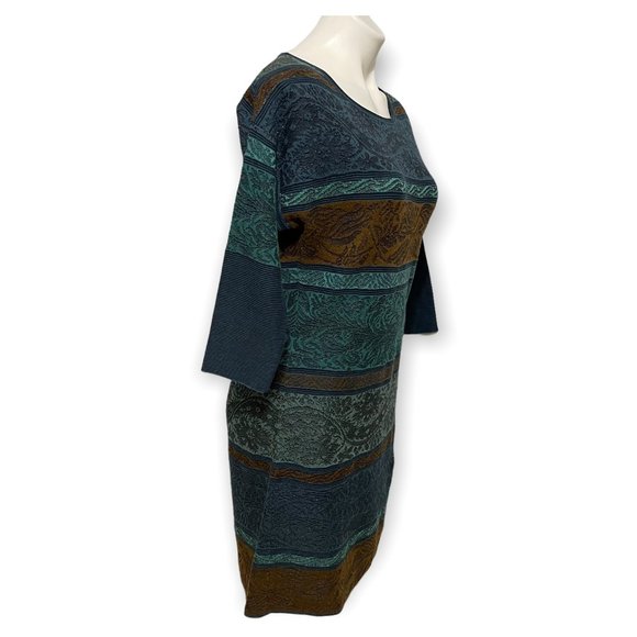 Peruvian Connection Small Green Brown Metallic Detail 3/4 Sleeve Brocade Dress - Picture 3 of 6